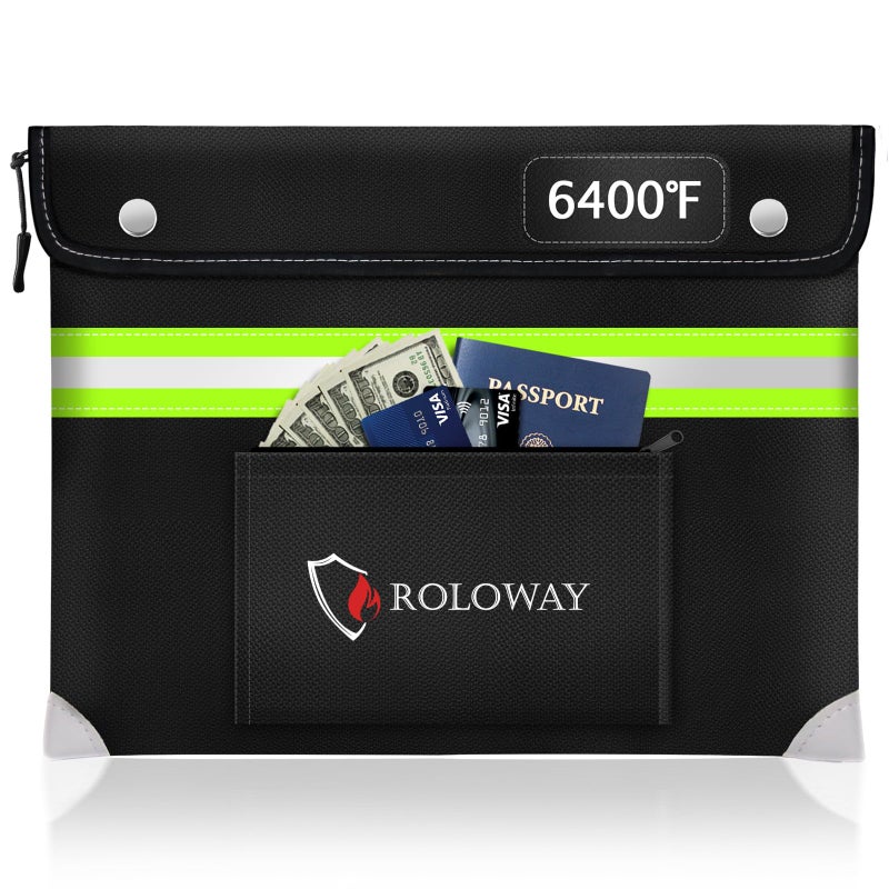 ROLOWAY Upgraded Fireproof Document Bag (14.5 x 11.5 inch) with 6400? Aluminum Foil Layer  Fireproof Safe Bag for Documents with Front Pocket and Reflective Strip  Fireproof Money Bag for Cash - Image 1
